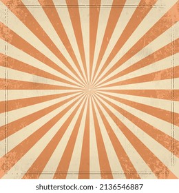 Orange and beige color burst background. Sunlight retro background.  Fantasy Vector illustration. Magic Sun beam ray pattern. Old paper starburst. Circus poster or placard.