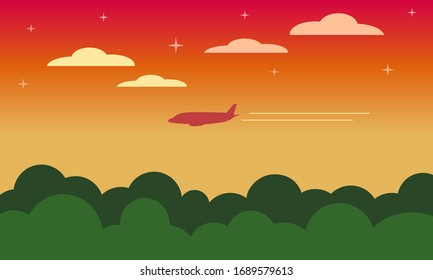 Orange and beige landscape of the dawn / sunset sky with clouds and stars, forest of green trees and the silhouette of a flying plane with a two lane contrail. Card. Vector graphics, illustration