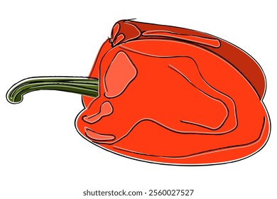 An orange bell pepper isolated on white background. Single tasty bell pepper in Hand Drawn Cartoon style. Vector illustration.