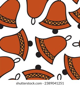 Orange Bell Seamless Pattern On A White Background. Alarm Or Alert Symbol Icon Vector Illustration