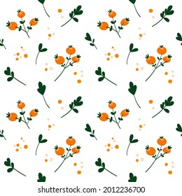 orange berries with green leaves on white background summer spring autumn seamless pattern vector