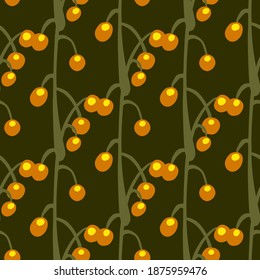 Orange berries on branches seamless doodle pattern. Brown dark background. Nature backdrop. Flat vector print for textile, fabric, giftwrap, wallpapers. Endless illustration.