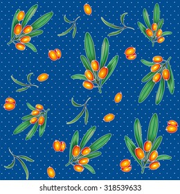 Orange berry pattern on a blue background with polka dot