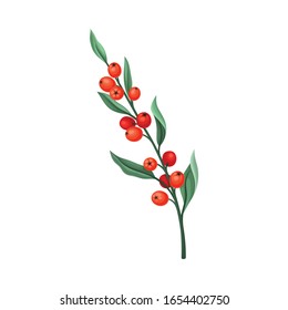 Orange Berry Twig with Green Leaves Isolated on White Background Vector Illustration