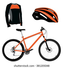 Orange bicycle, helmet and shirt vector icon set. Sport equipment. Sports uniform or biking clothes