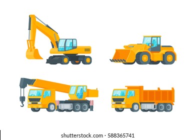Orange big set of ground works machines vehicles construction and equipment for building  crane, tipper,wheel loader and excavator isolated illustration vector. Flat design.