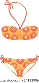 Orange bikini with ethnic patterns, summer swimwear for women. Beach fashion and vacation wardrobe vector illustration.