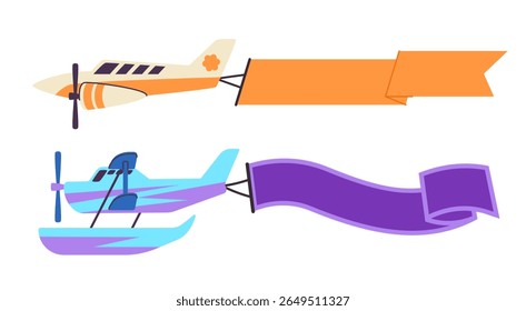 biplano laranja voando com vários banners em branco ou fitas atrás dele ideal para exibir vários anúncios aéreos