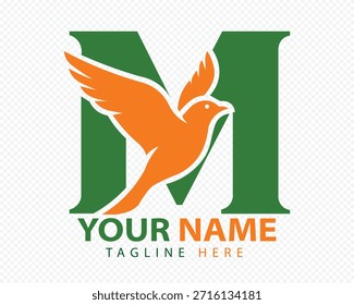 Orange Bird Flying Over Large Green Letter
