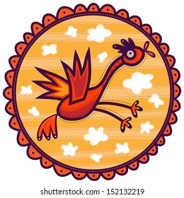 The orange bird flying in a yellow sky with white clouds. The bird flapped its wings and stretched out her legs.