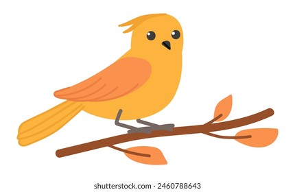 Pájaro naranja en rama en diseño plano. Pájaro del bosque se sienta en la rama de otoño. Ilustración vectorial aislada.