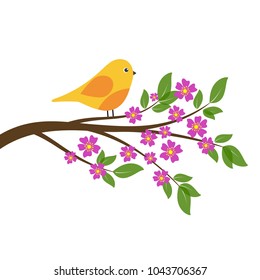 Orange bird on branch of spring tree with flowers and leaves. Cartoon vector illustration.