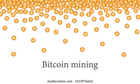 Orange Bitcoin mining falling confetti. Vector illustration.