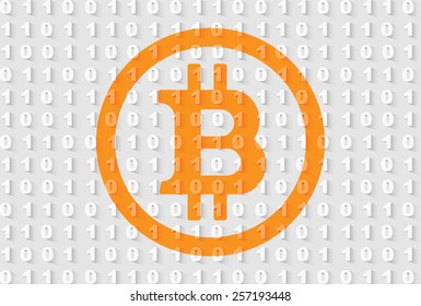 Orange bitcoin sign on gray background in binary code style