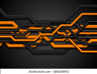 Orange and black 3d circuit board lines abstract tech background. Vector design