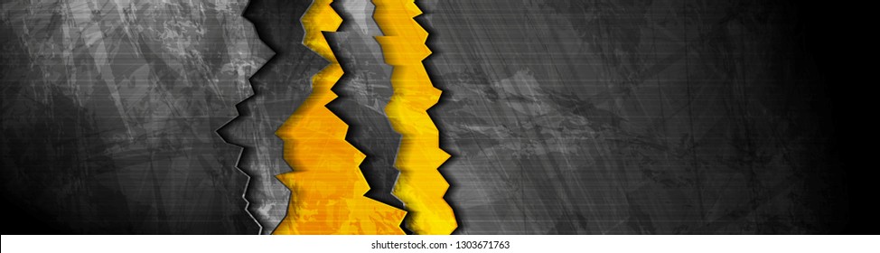 Orange black abstract grunge banner with broken edge. Vector web header background