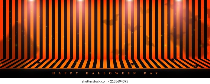 Orange and black abstract line vertical background in retro style. Halloween-style design studio stage room backdrop. Silhouette of ghost and bat. Space for product display. Vector illustration.