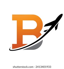 Orange and Black Antique Letter B Icon with an Airplane on a White Background