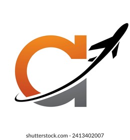 Orange and Black Antique Letter C Icon with an Airplane on a White Background