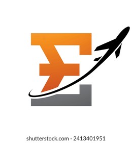 Orange and Black Antique Letter E Icon with an Airplane on a White Background