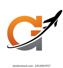 Orange and Black Antique Letter G Icon with an Airplane on a White Background