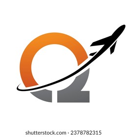 Orange and Black Antique Letter Q Icon with an Airplane on a White Background