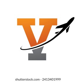 Orange and Black Antique Letter V Icon with an Airplane on a White Background