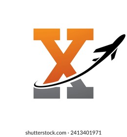 Orange and Black Antique Letter X Icon with an Airplane on a White Background