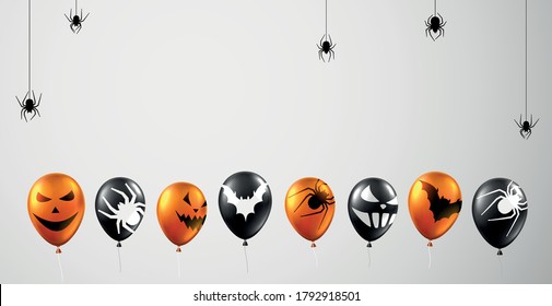 Orange and black balloons with scary faces, bats and spiders. Black hanging spiders. Light grey background. Vector halloween illustration.