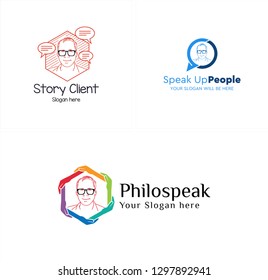 orange black blue red purple yellow people character mascot eyeglasses hexagon icon chat circle many hands logo design concept suitable for communication community business finance consultation 