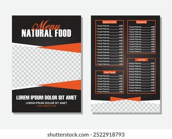 Orange and Black Bold Geometric Restaurant Menu. Hand drawn Indian food menu design with rough sketches and lettering. Can be used for banners, promo.