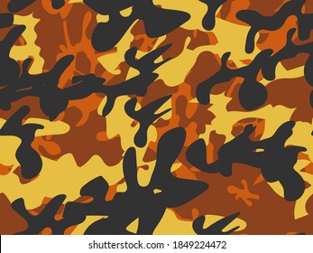 Cepillo negro anaranjado. Resumen de lienzo del ejército. Pintura sin foco de camuflaje marrón. Impresión urbana de camo. Camuflaje de vectores militares. Textura marrón amarilla. Patrón Amarillo Moderno. Fondo abstracto de color naranja de tejido