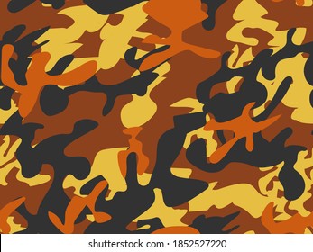 Orange Black Brush. Abstract Vector Camouflage. Orange Fabric Pattern. Dirty Camo Paint. Urban Camouflage Seamless Print. Yellow Modern Pattern. Military Army Grunge. Brown Yellow Abstract Background