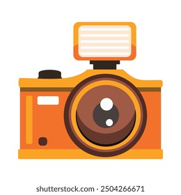 Orange and black camera with a large lens in the center, a flash attachment on top. vintage technology illustration theme
