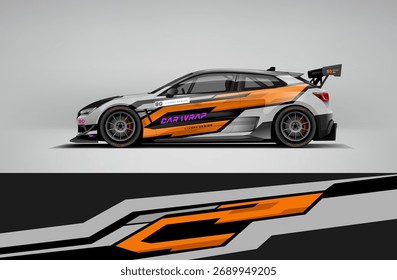 Orange und schwarze Auto Wrap Design mit starken geometrischen Formen und aggressiven Kontrast, ideal für Rallye-und Drift-Teams. Wird als vollständig editierbare Vektor-EPS-Datei geliefert.