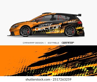 Orange black car wrap with yellow dots and brush strokes, perfect for unique vehicle branding projects. Eye catching and modern design.