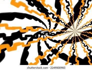 Orange and black chain spinning from the center out on white background, replete pattern, designed for fabric printing and art 