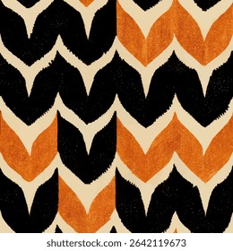 Orange and black chevron pattern on white fabric, grunge lines ikat pattern, ikat seamless pattern, Vector illustration background for print the paper.