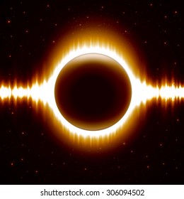 Orange and black colored music vector background with dark sphere in center and equalizer styled glowing sound waves