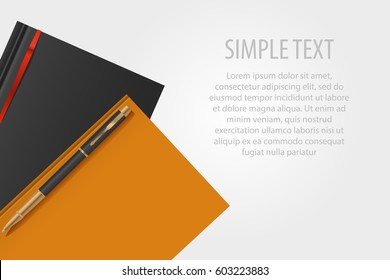 The orange and black colored notepad with the pen on top and a copy space. Realistic vector illustration