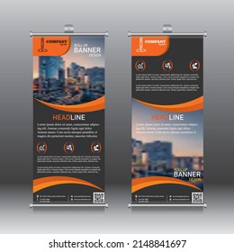 Orange and black colour abstract shapes business roll up. Standee design. Banner template. Presentation and exhibition brochure. Vector illustration.