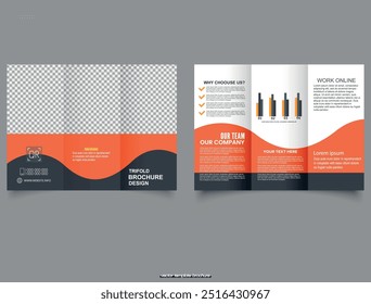Orange black corporate trifold brochure for business. Flyer and Leaflet