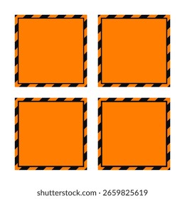 Orange, black diagonal warning stripe borders. Four square frames with an angled arrangement of lines and central copy space. Ideal for industrial signage.