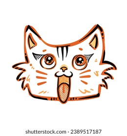 Orange and black dominated colored cat face doodle with sparkly eyes vector illustration sketch isolated on square white background. Simple flat cartoon art styled drawing outline.
