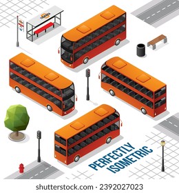 Orange and Black Double Decker Isometric Bus from the Front Back Right and Left isolated on White