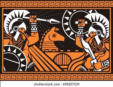 Orange And Black Figures Ceramic Painting Trojan War