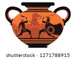 orange and black figures pottery amphora painting of troy war with achilles fighting