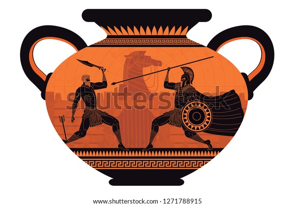 orange and black figures pottery amphora painting of troy war with achilles fighting