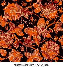 Orange and black floral seamless pattern