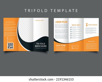 Orange black folded brochure. Trifold corporate flyer.